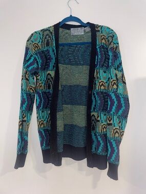 Vintage Patterned Open-Front Cardigan Sweater - Teal/Black